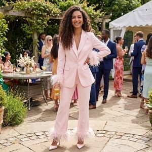 Pink Blazer and Pant Set with Ostrich Feather Trim - NWT